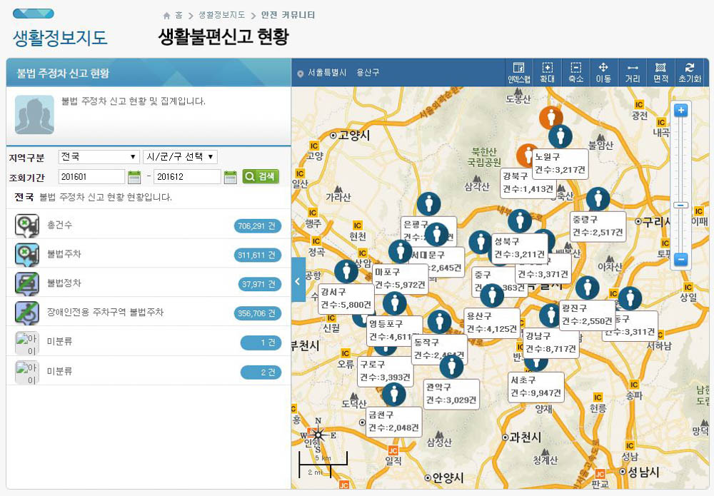 생활불편신고 앱의 불법주정차 신고현황.