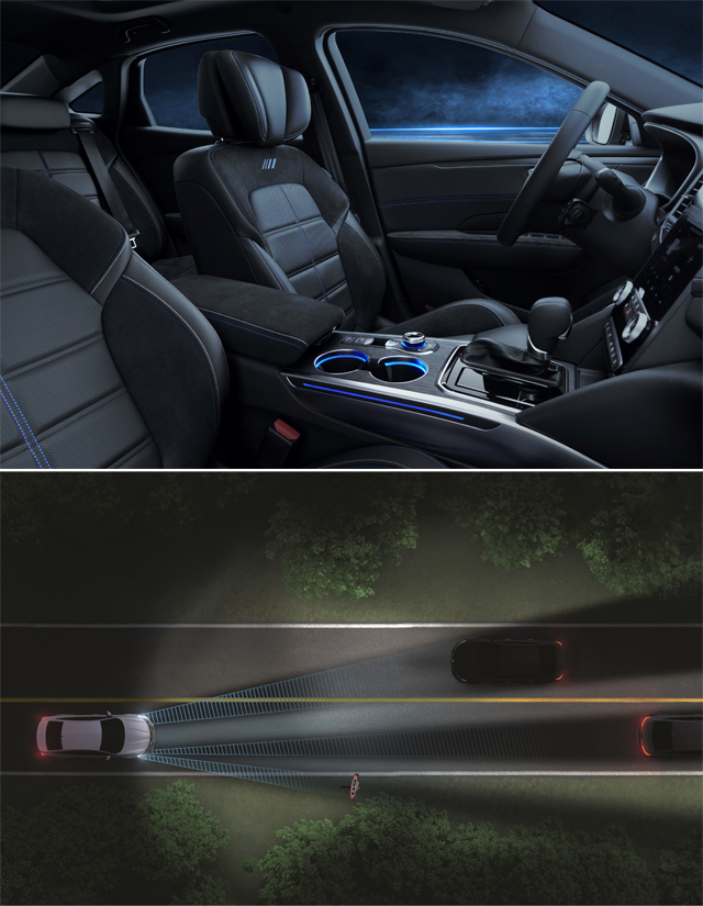 르노코리아, SM6 TCe 300 INSPIRE 실내(위)와 LED 매트릭스 비전 헤드램프(아래) / 르노코리아자동차 제공