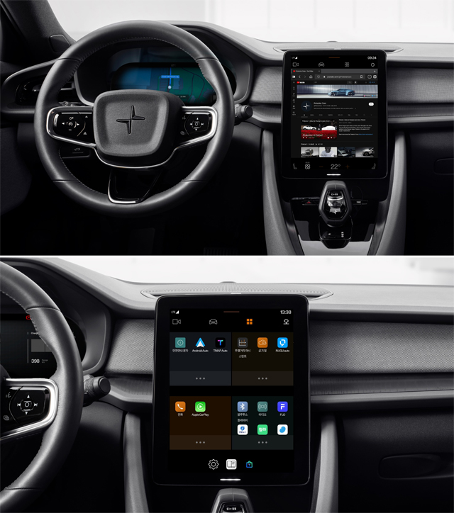 (위) 웹브라우저 비발디(Vivaldi)를 통한 유튜브 시청 화면, (아래) 인포테인먼트 화면 / 폴스타코리아 제공